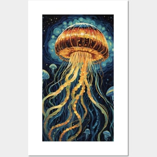 Starry Night's Glow: Van Gogh-Inspired Luminescent Jellyfish Posters and Art